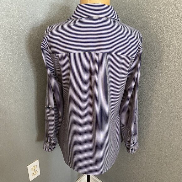 Elementz Blouse Size Medium Tan Blue Striped Roll Tab Sleeves Pockets - Picture 4 of 10